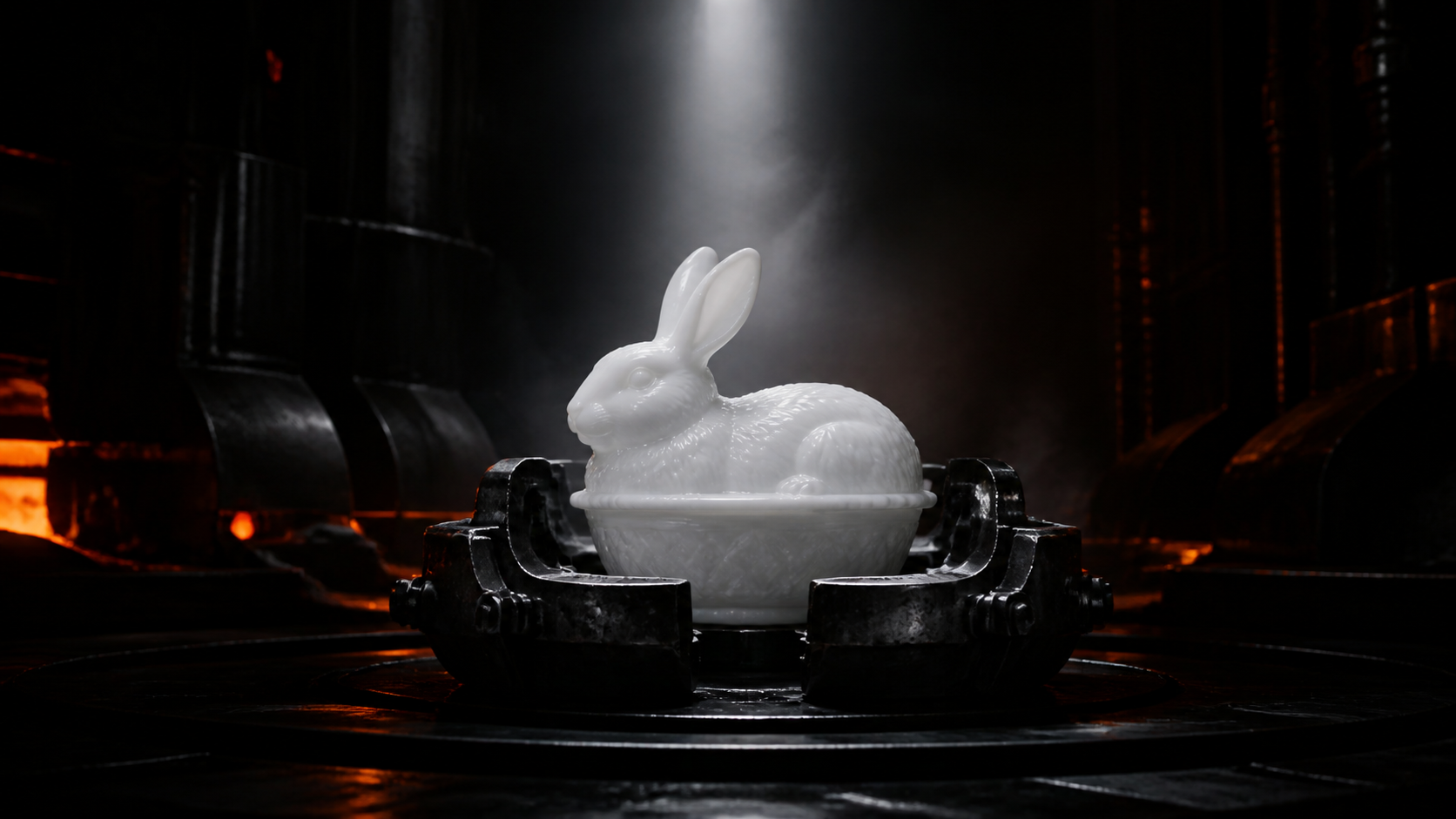 A white milk glass rabbit dish emerging from an opened steel mould in a dark glassworks