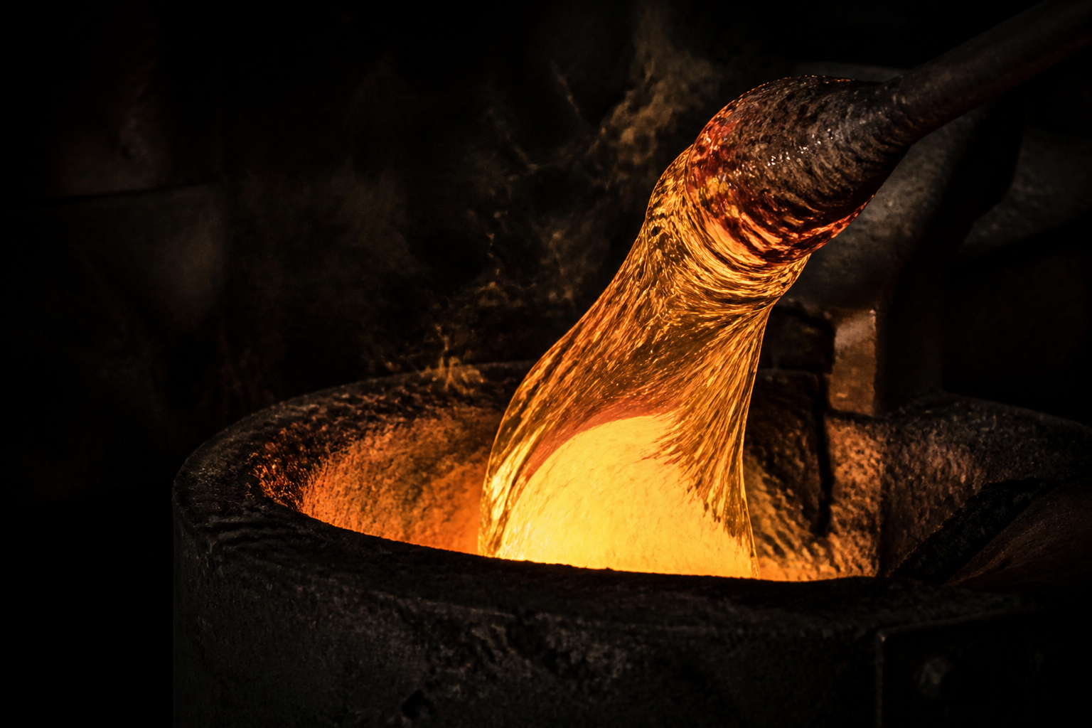 A luminous gather of molten glass being drawn from a dark crucible on a steel rod
