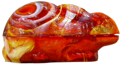 Red, orange, and yellow slag glass rabbit covered dish